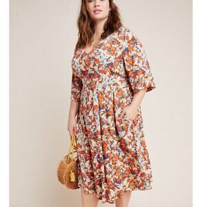 Porridge Anthro Les Papillons Floral Orange Boho Cottage Midi Dress Size 2XL